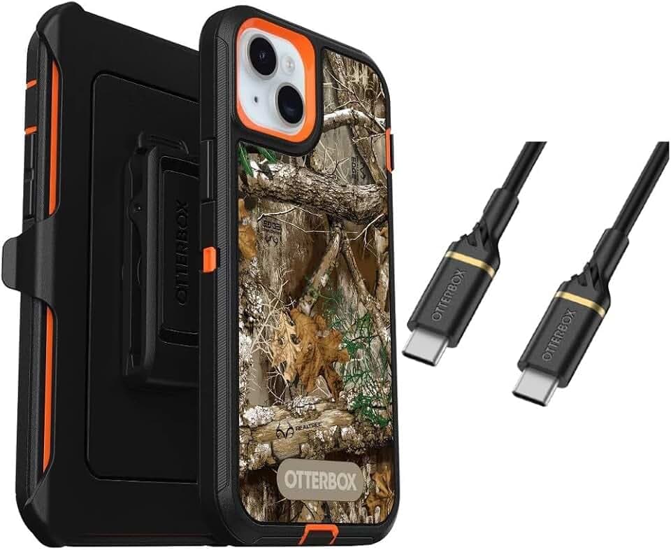 OtterBox iPhone 15 Plus (Only) Bundle: - Defender Series Case - Realtree Blaze Edge (Camo) - Holster Clip Included - Microbial Defense Protection - USB-C to USB-C Cable - Non-Retail Packaging