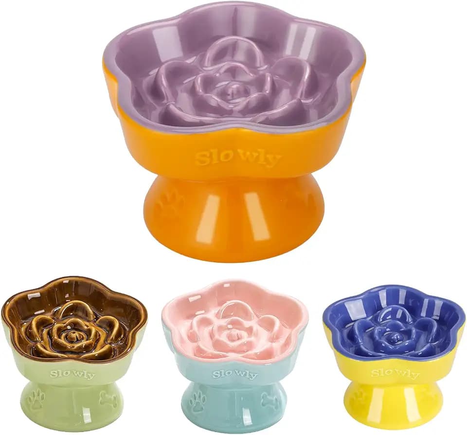 S&Q's Ceramics Raised Slow Feeder Cat Bowl, Ceramic Elevated Food Bowl Small Dogs Slow Feeder, Flower Shaped Cute Pet Dish for Dry and Wet Food (Purple, 5.8")