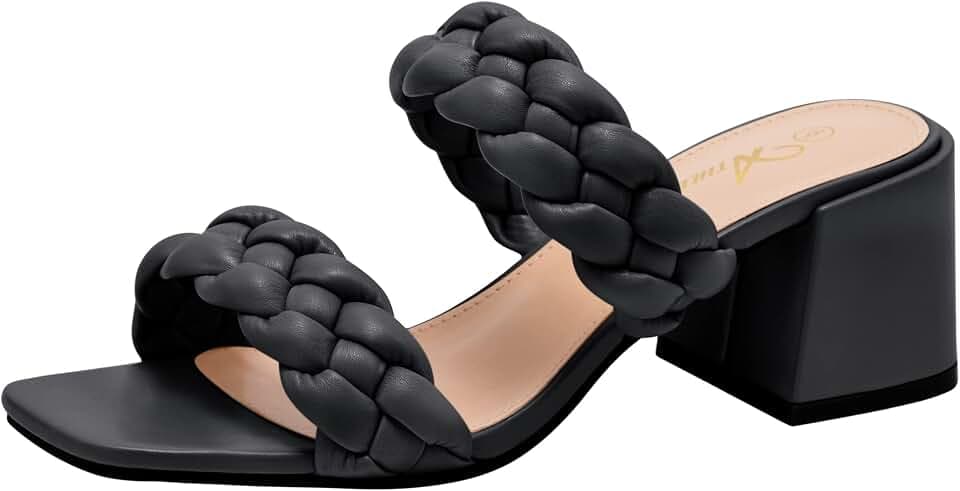 Athlefit Braided Heels for Women Square Toe Chunky Low Heeled Sandals