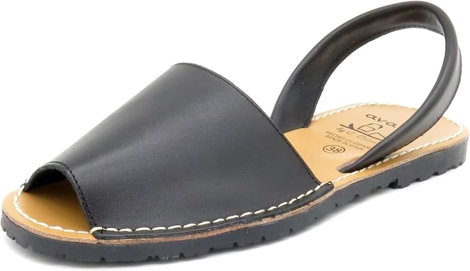 Avarca - Made In Spain - Echtleder Damen Sandalen einfarbig - schöne, Bequeme und praktische Menorca Ibiza Sommerschuhe Strandschuhe 201, 38 EU Schmal, Negro (Black)