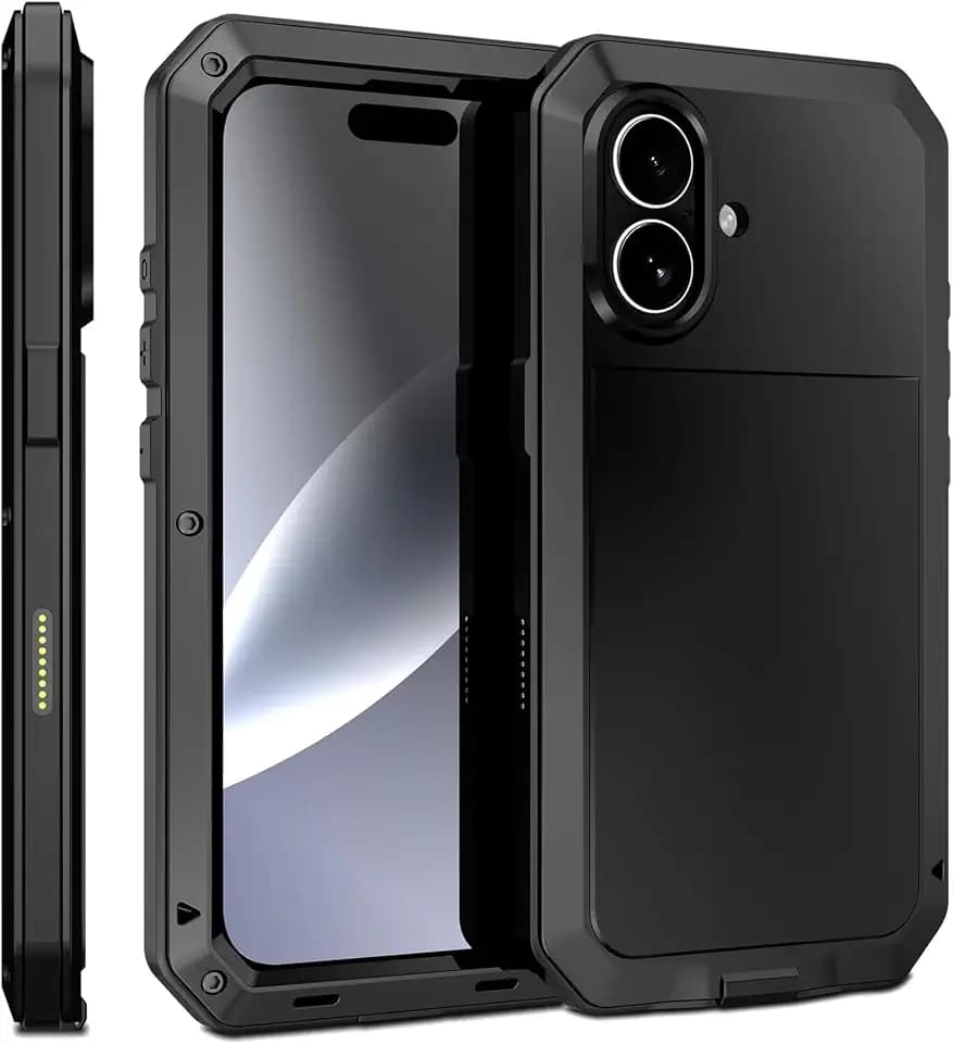 Metal for iPhone 17 Protective Case, Military Grade Shockproof Phone Cover with Built-in Tempered Glass Screen Protector, Rugged Full Body Protection (iPhone 17) Black