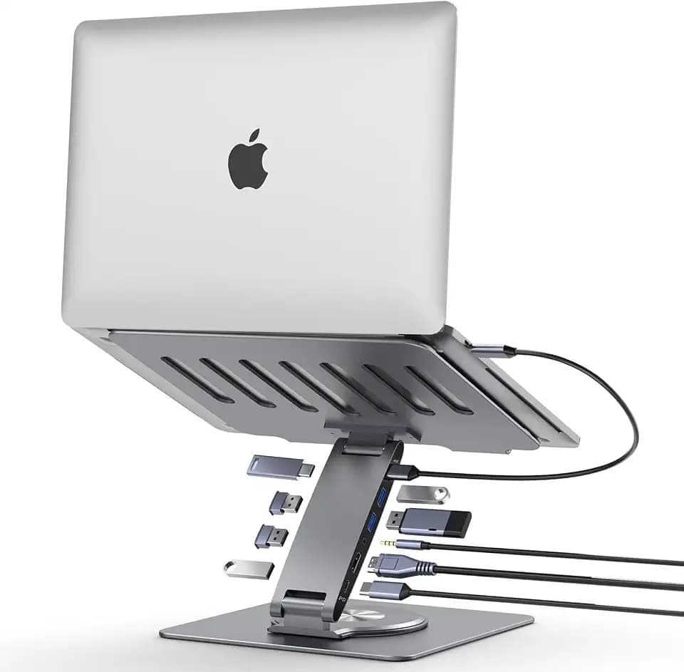 Laptop Docking Station Stand Dual Display 4K HDMI USB3.0 3.5mm Audio Jack 9-IN-1 360° Swivel Laptop Stand for Desk with USB-C Hub Multiport Adapter Universal for MacBook Pro/Air/Dell/HP/Surface/Lenovo