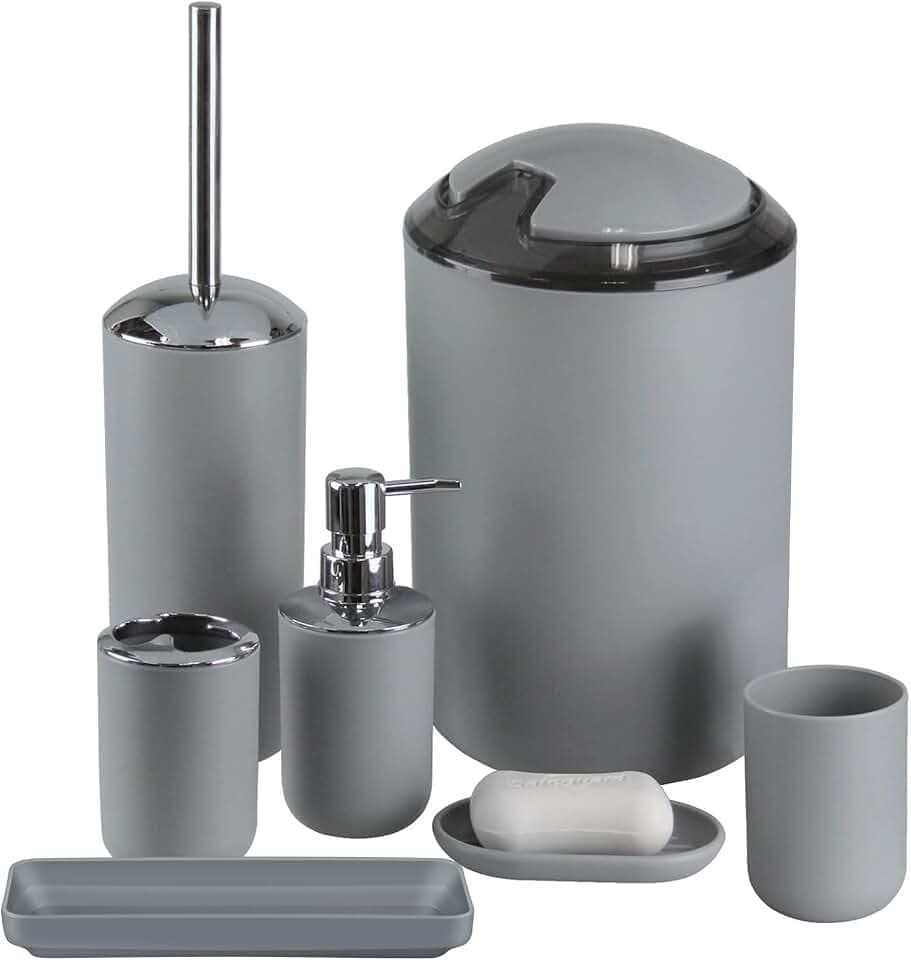 IMAVO Badezimmer-Zubehör-Set, 6-teilig, Kunststoff-Geschenk-Set, Zahnbürstenhalter, Zahnbürstenbecher, Seifenspender, Seifenschale, WC-Bürstenhalter, Mülleimer, Strohhalm-Set, Badezimmer (grau)