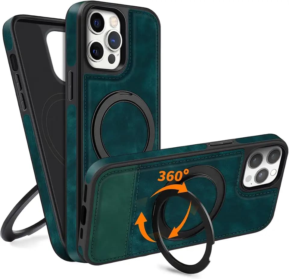 COODIO Lederhülle mit 360° Schwenk Ständer für iPhone 13 Pro 6,1 Zoll, Magnetisch Hülle kompatibel mit MagSafe, Dünn Kreativer Handyhülle, Tannengrün