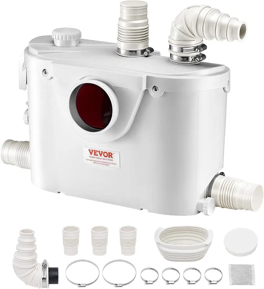 VEVOR Hebeanlage, 500 W, 110 L/min Durchfluss, 8 m Förderhöhe, Schmutzwasserpumpe mit 4 Wassereinlässen, Abwasserhebeanlage für Toilette, Keller, Dusche, Waschbecken, Waschküche, Badewanne
