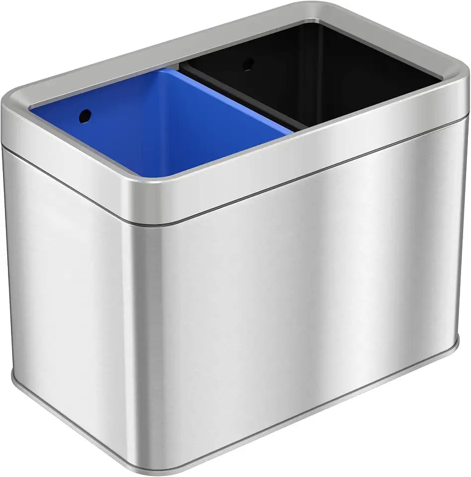 iTouchless 5.3 Gallon Open Top Trash Can & Recycle Bin Dual Compartment Combo, includes Decals, 20 Liter, Stainless Steel, Removable Buckets, For Kitchen, Office, Bedroom