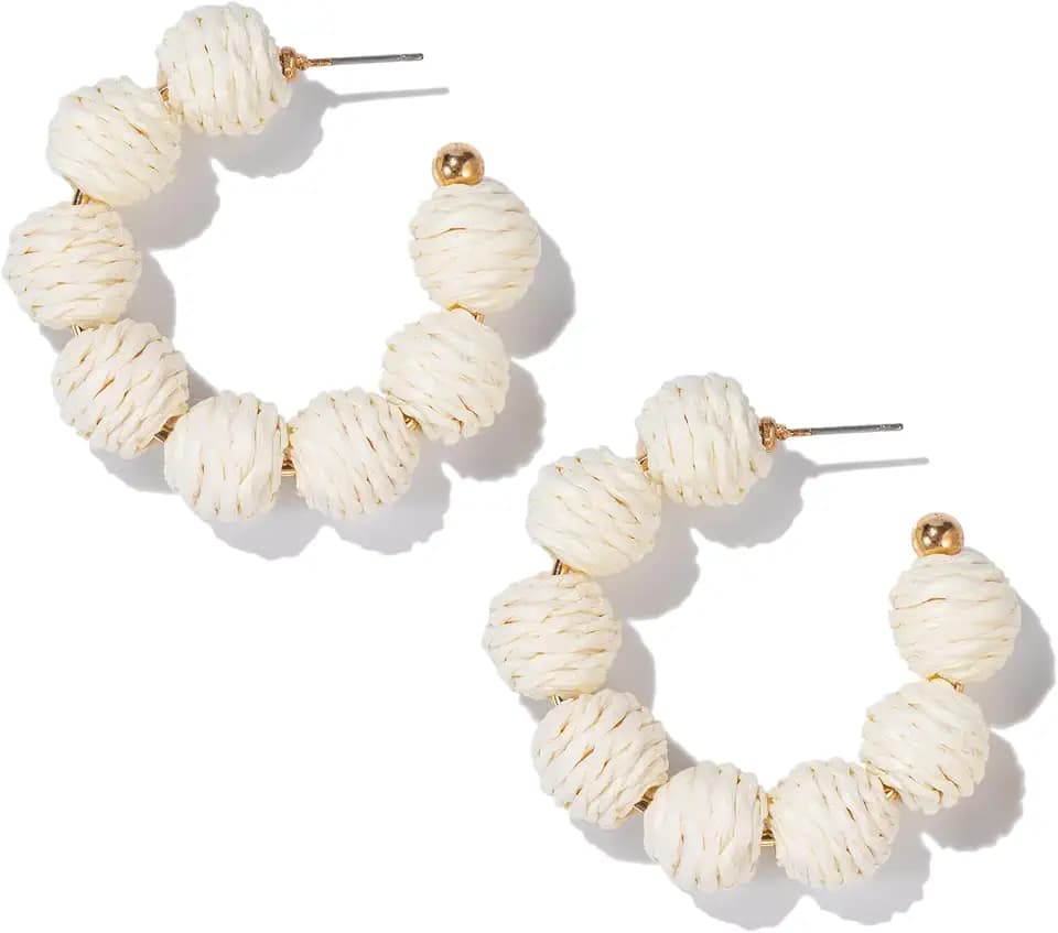 Raffia Beaded Hoop Earrings Boho Statement Chunky Fun Summer Beach Jewelry