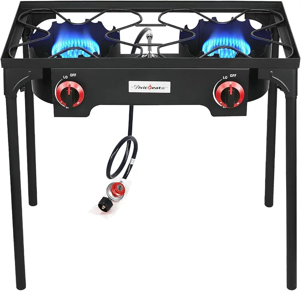 VIVICREATE Propane Grill 2 Burner Outdoor Propane Stove Portable Gas Grill High Pressure Camping Stove Double Burner Cooker for Camping Backyard BBQ Outdoor Cooking