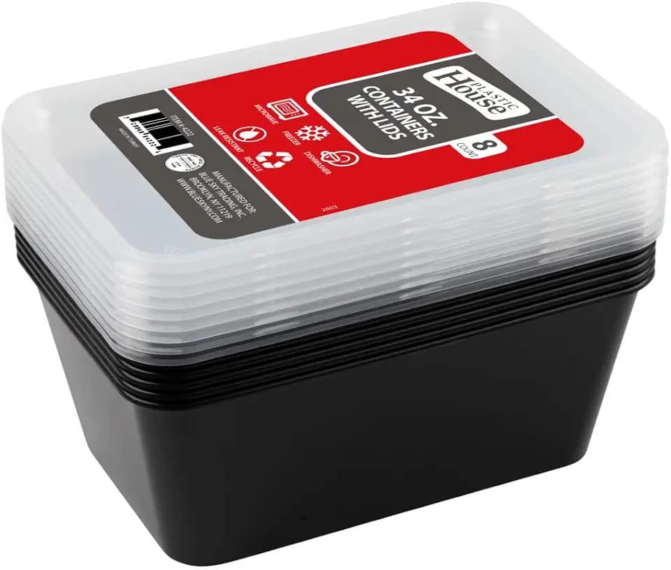 Black Rectangle Food Containers - 34 oz Plastic - Case of 96 - For Meal Prep, Takeout & Food Storage