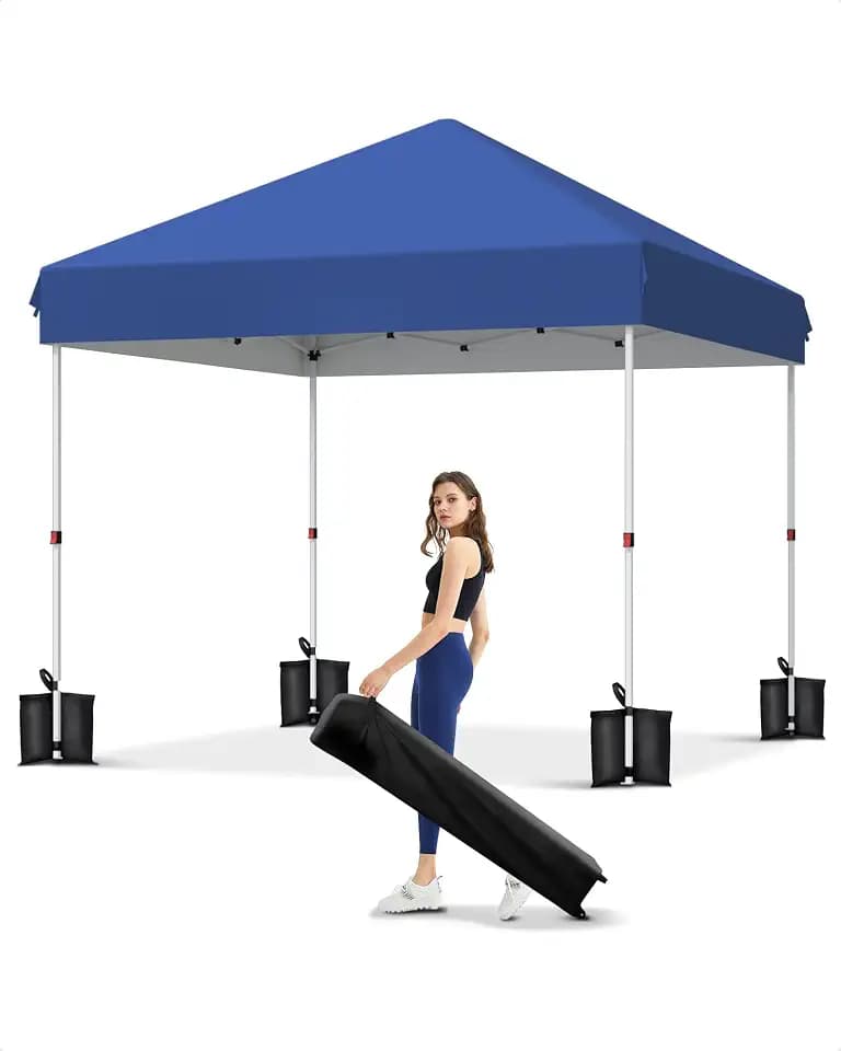 Garvee 10x10 Pop Up Canopy, Beach Ten with One Push Setup, Reinforced Frame, Outdoor Easy Up Canopy Tent with Portable Roller Bag, 3 Adjustable Height, Sandbags, Silver Coated Top, Blue