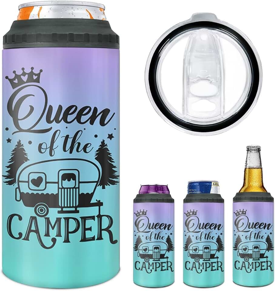 winorax Queen of The Camper Tumbler Can Cooler 4-in-1 Camping Gifts For Campers Woman from Husband Boyfriend Sisters Best Friend Coffee Cup with Lid 12oz Stainless Travel Mug