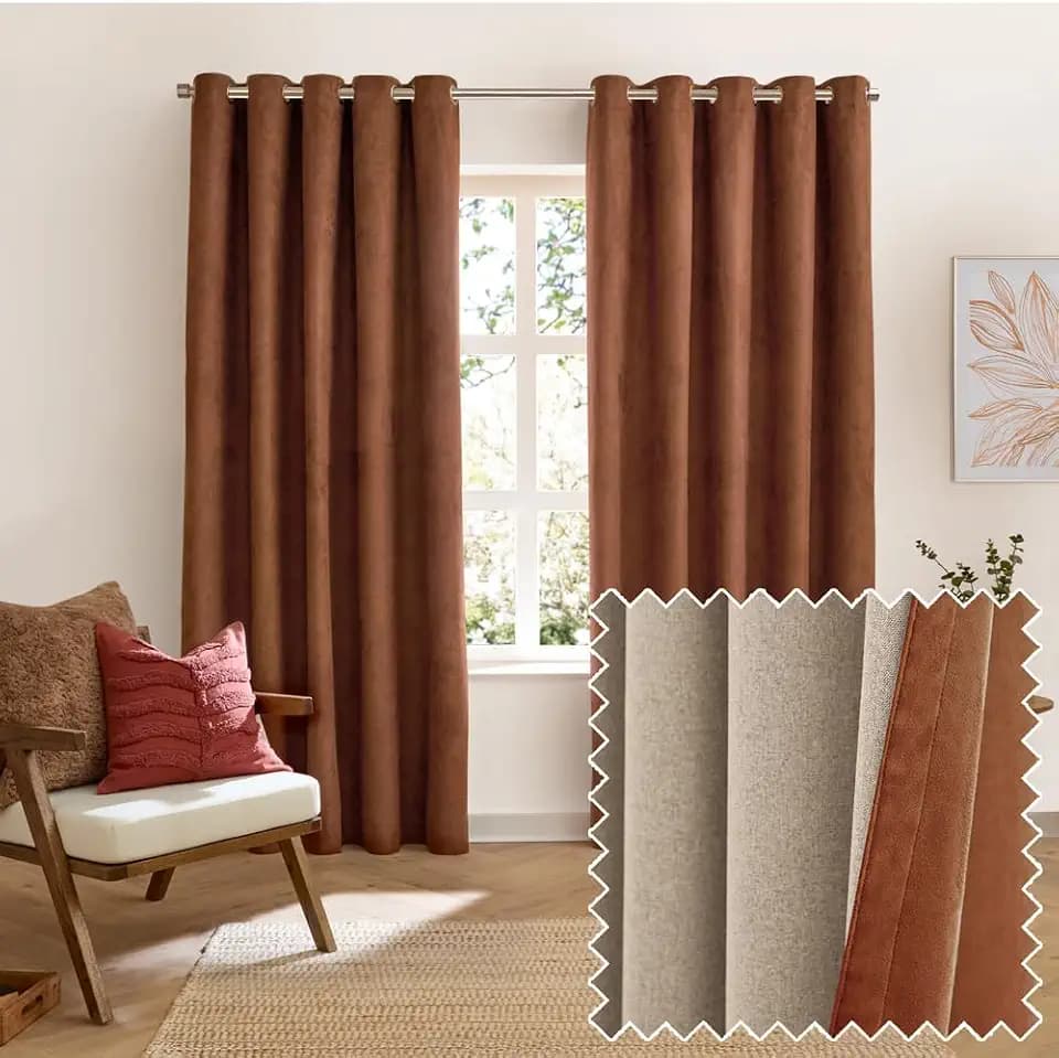 furn. Verso Blackout Ösenschal Paar – Wende Ring Oberlichtblockierende Wildledervorhänge (Zimt – 229x137cm)