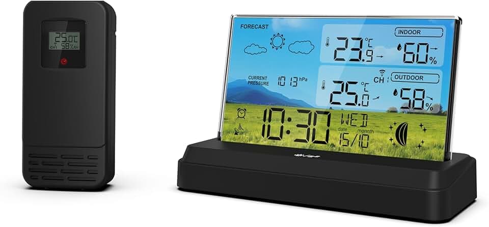 SOUCCESS FUNK-WETTERSTATION "DELUXE NEO" - FARBIGE WETTERSTATION MIT FUNKUHR, WETTERDATEN, AUSSENSENSOR, MONDPHASE, TEMPERATUR, LUFTDRUCK, NETZTEIL