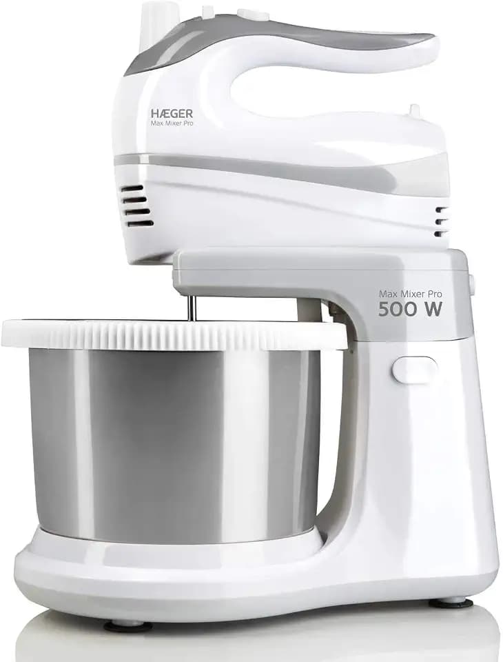 HAEGER MAX Mixer Pro - Mixer mit Schale, 500W, INOX-Drehschüssel, 3L, 2 Paar Rühr- und Knetbarren von 20 cm