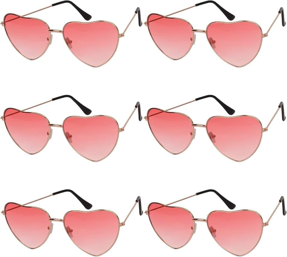 6 Paare Herz Sonnenbrille Hippie Brille Herzform Gläser Rosa Partybrille Retro Kostümbrille für 60er 70er 80er 90er Party Kostümzubehör Karneval Fasching Maskerade Damen Herren