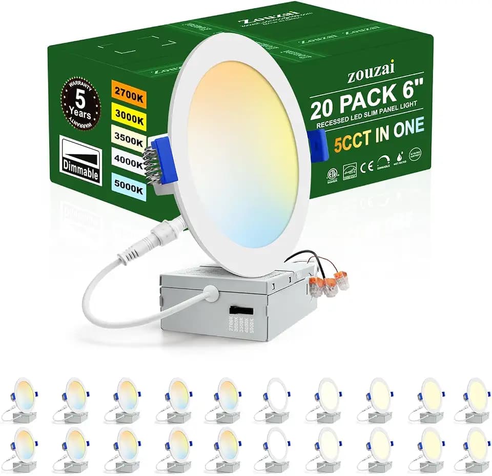 zouzai 20 Pack 6" LED Recessed Light, 12W 1080LM, 5CCT, 5%-100% Dimmable