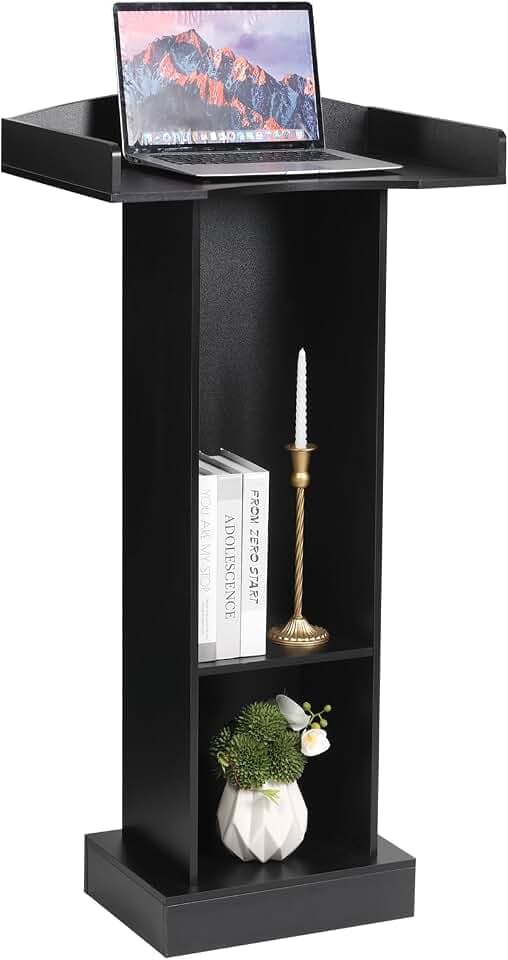 Podium Stand for Lectern Presentation Church Classroom, Black Pulpit with Wooden Heavy Base, Podium for Lecture, Wedding Speech