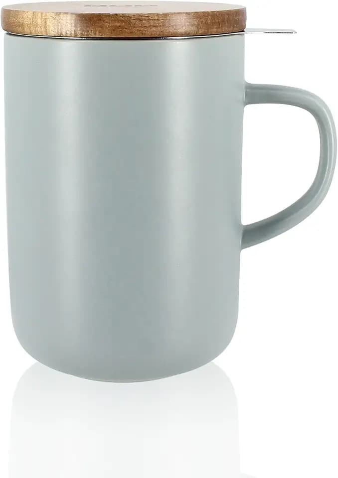 OGO LIVING Juliet 7912014 Teetasse 475 ml - ideal für Tee und Kräutertee - Teetasse aus Steinzeug und Deckel aus Akazienholz - Perle