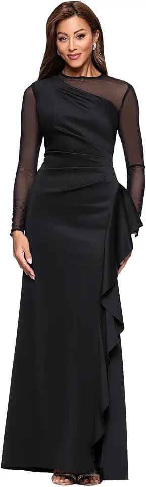 Xscape Women's Scuba Crepe Illusion Neck Mesh Sleeve Ruffle Floor Length Dress