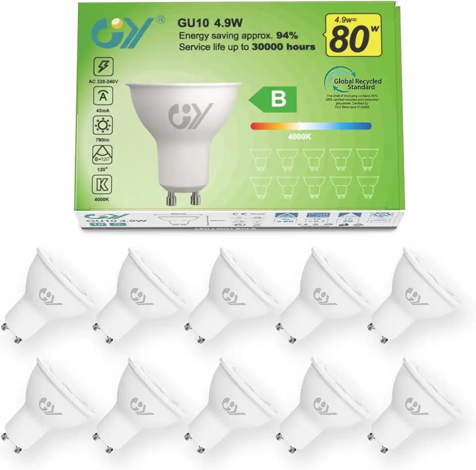 GY GU10 LED Neutralweiss Lampe 4.9W 790 Lumen 4000K Neutralweiß Glühbirnen,80W lampe ersetzt,Abstrahlwinkel 120° Leuchtmittel,Nicht Dimmbar Energiesparlampe,10er-Pack