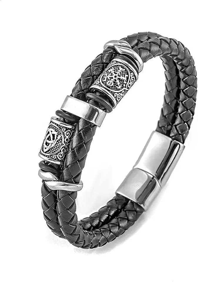 Armband aus geflochtenem Leder, schwarz, für Herren, Wikinger, Kompass aus Edelstahl und Perlen mit keltischem Knoten mit Magnetverschluss, Schmuck, Armband aus mehrschichtiger Kordel