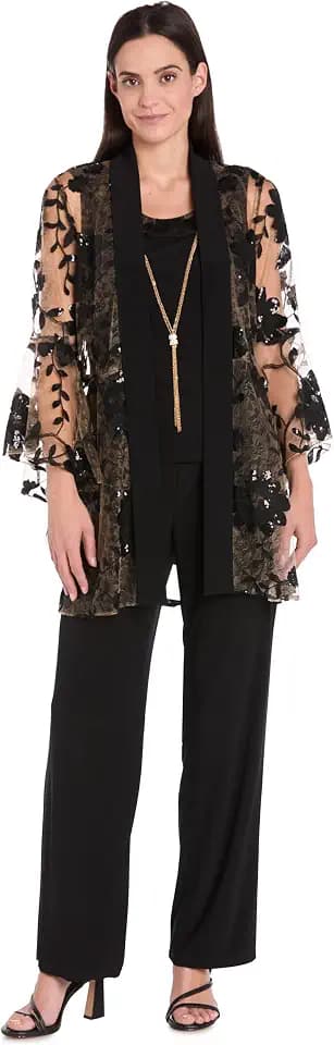 R&M Richards Women's 3-Piece Floral Threadwork Pantsuit Set W/Bell Sleeve Duster - Pant Set for Formal & Cocktail Occasions