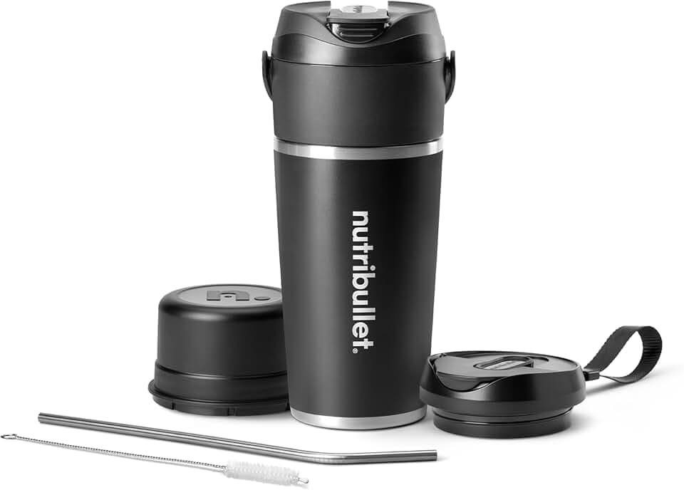 nutribullet Flip, Smoothie Maker to go, 590 ml isolierter Edelstahl Thermobecher, kabellos, wiederaufladbar für 14+ Mixvorgänge, tragbarer 2in1 mini Mixer, zerkleinert Eis & Obst, Schwarz, NBP016B