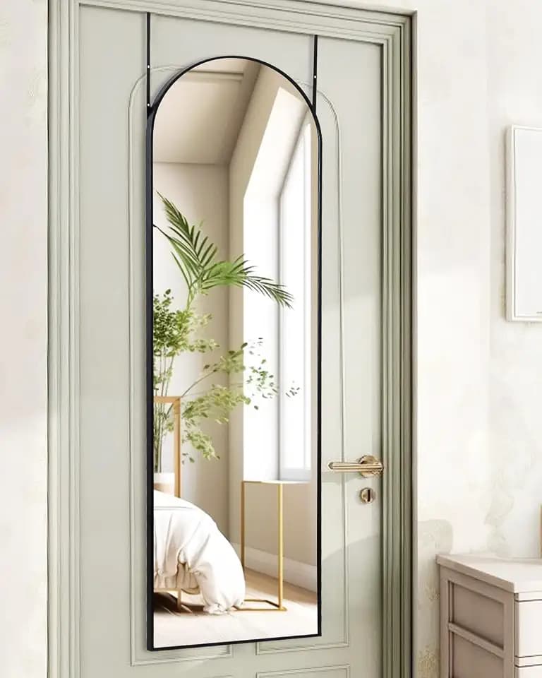 KOMCOTE Full Length Mirror 48x14 Inches - Over The Door Hanging Mirror for Bedroom, Living Room, Closet - Arch Floor Mirror, Door Mirror with Black Frame - No Drill Easy Install