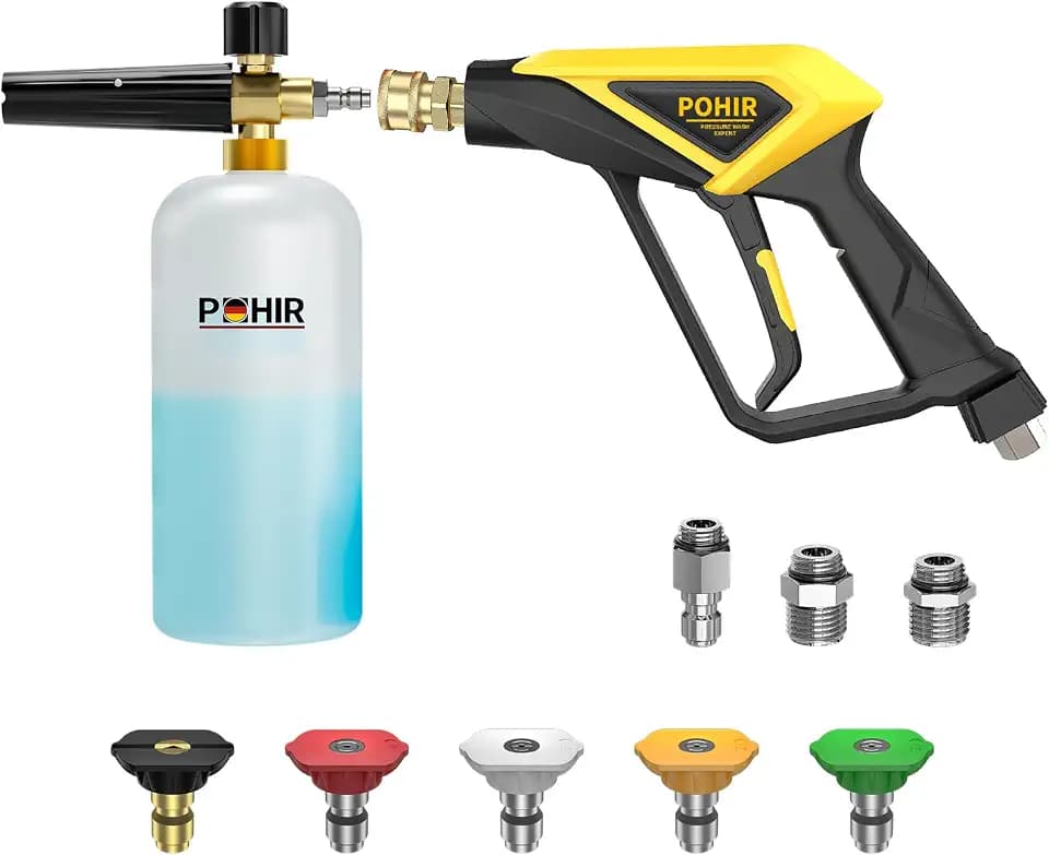 POHIR Short Pressure Washer Gun with Foam Cannon, 1/4 Inch Quick Connector, with 5 Pressure Washer Nozzle Tips 4500 PSI, 1 Liter