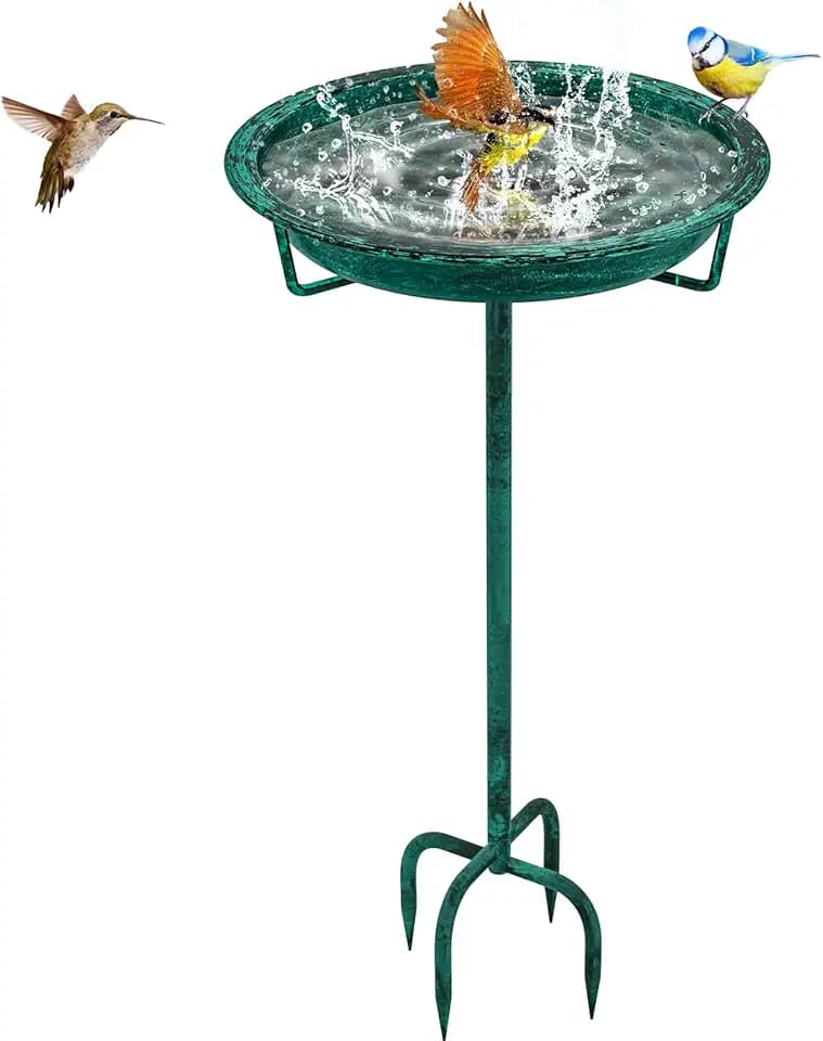 Metal Bird Bath for Outside, 36.2" Height Birdbath Bowl Standing Bird Feeders for Outdoors with 4 Prongs Base Stake, Freestanding Birdfeeders for Garden Yard Lawn Decor (Retro Green)