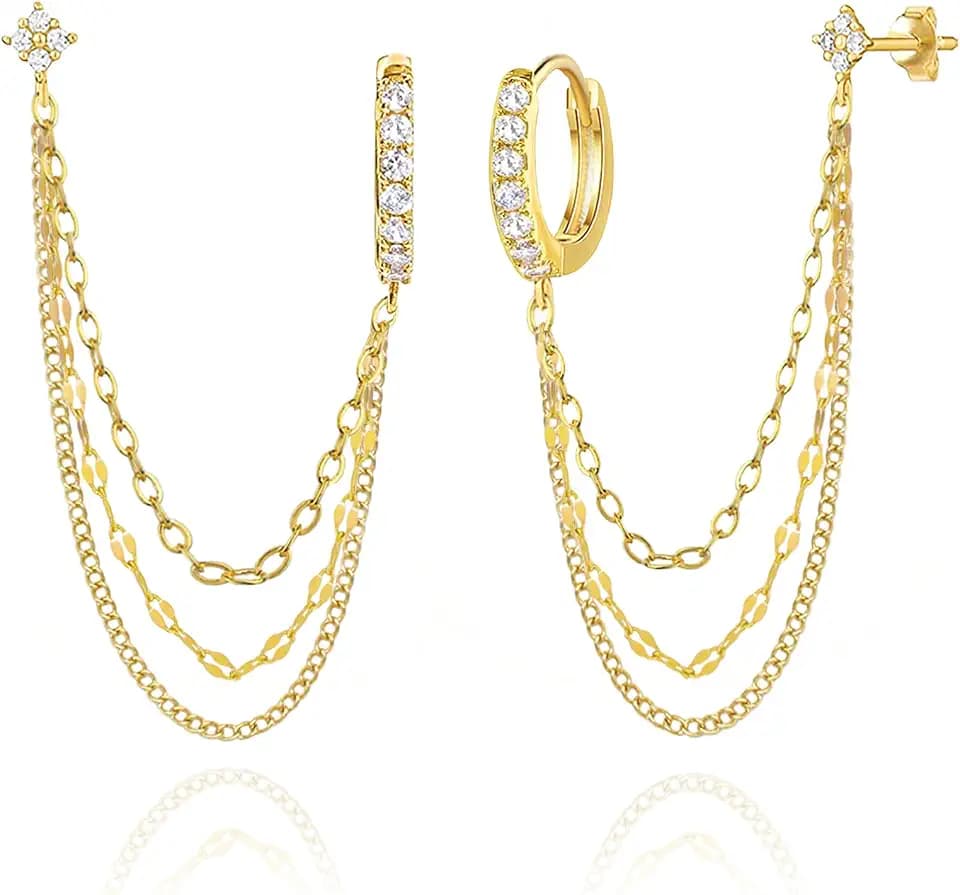 925 Sterling Silver Four Zircons Flower Stud Double Piercing Chain Earrings | Double Piercing Dangle Three Chains Hoop Earrings | Double Piercing Earrings Gifts Jewelry for Women