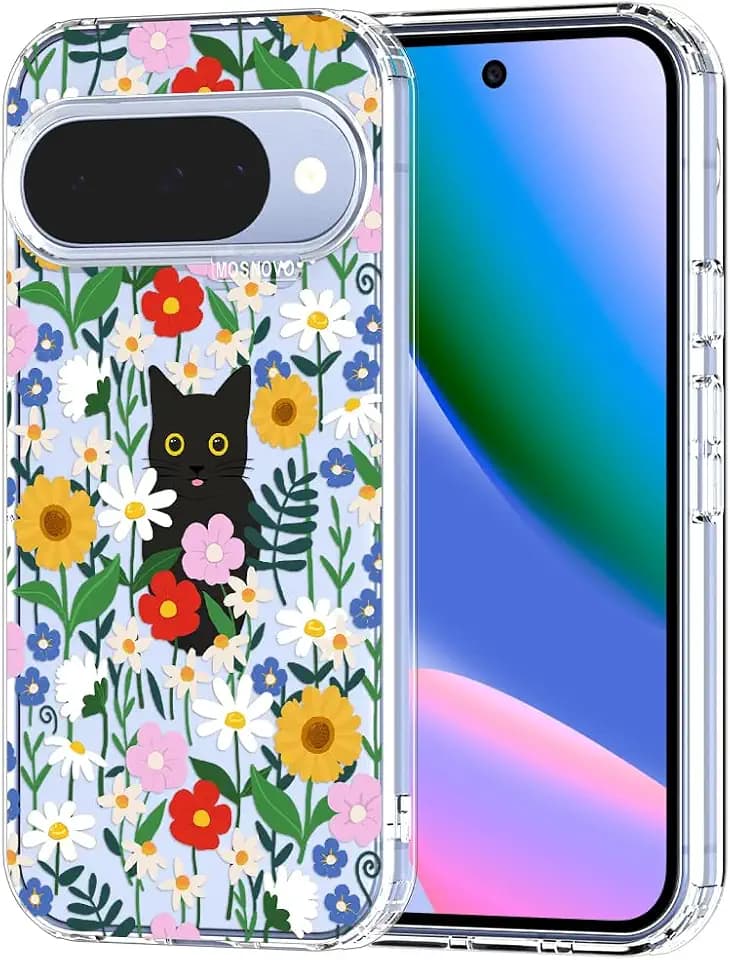 MOSNOVO Case for Google Pixel 10 & Pixel 10 Pro, [Buffertech 6.6ft Military-Grade Drop Protection] [Anti Peel Off Tech] Clear TPU Bumper Phone Case Cover Design - Black Cat in Garden