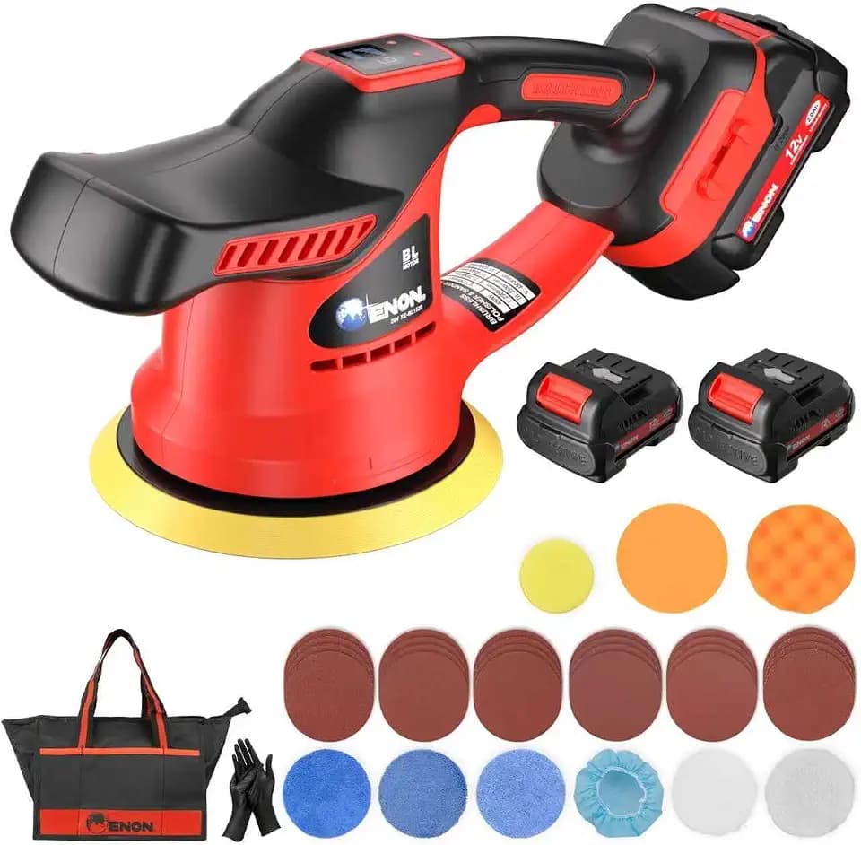 Cordless Car Buffer Polisher Kit（2X 2000mAh 12V Batteries&34 PCS Attachments）- Brushless Dual Action Random Orbital Polishing with 6-Speed 6000RPM for Auto Detailing, Waxing & Paint Correction