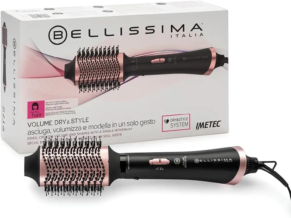Bellissima, Warmluftbürste Volume Dry&Style, Trocknet, formt und verleiht Volumen vom Ansatz bis zu den Spitzen, Ionisator und Keramik für geschütztes Haar, 1000 W, Gut für mittel-langes Haar
