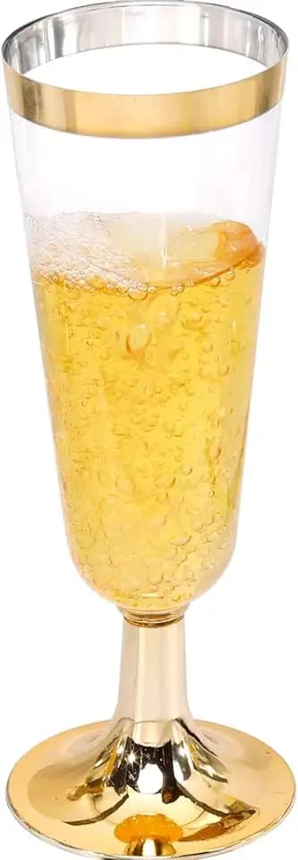 TemBe 50 Disposable Plastic Champagne Flutes, 5Oz Toasting glasses for decoration, Wedding, Birthdays, bridal shower party, Premium Quality and Reusable(Gold)