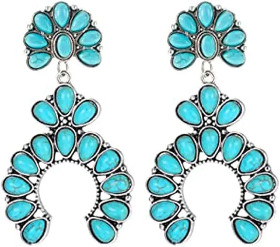 Bohemian Turquoise Oval Flower Drop Dangle Earrings Vintage Geometric Ethnic Teardrop Earrings Western Cowgirl Statement Jewelry
