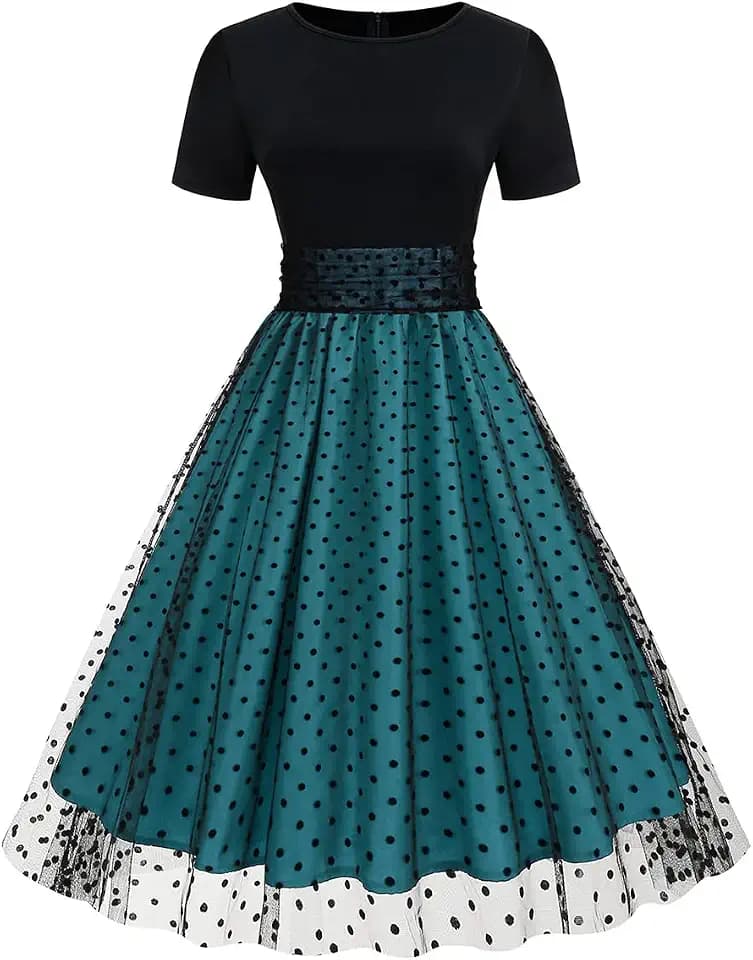 ODIZLI Rockabilly Kleider Damen 50er Jahre Petticoat Kleid Vintage Elegant Retro Kurzarm Mesh Polka Dot Tüllkleid Sommer Swing Coctailkleid Festlich Hochzeit Partykleid Kurz Abendkleid Blau XXL