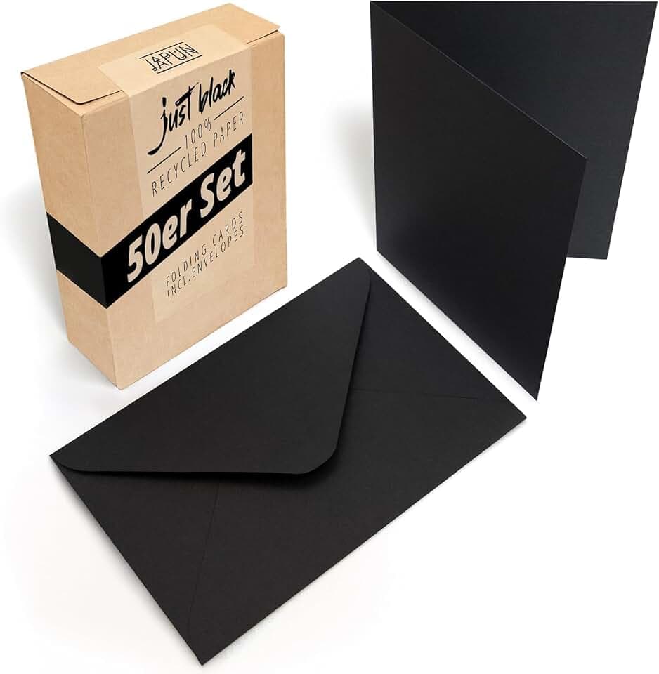 Japun - 50er Set Falt-Karten und Briefumschläge, DIN A6 / C6, schwarz