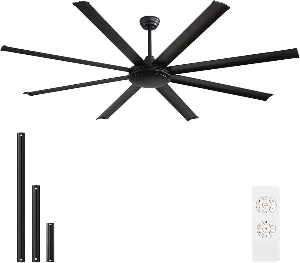 WINGBO 80 Inch Industrial Ceiling Fan without Light, 8 Aluminum Blades Ceiling Fan No Light, 6-Speed Reversible Noiseless DC Motor for Kitchen Bedroom Living Room, Matte Black