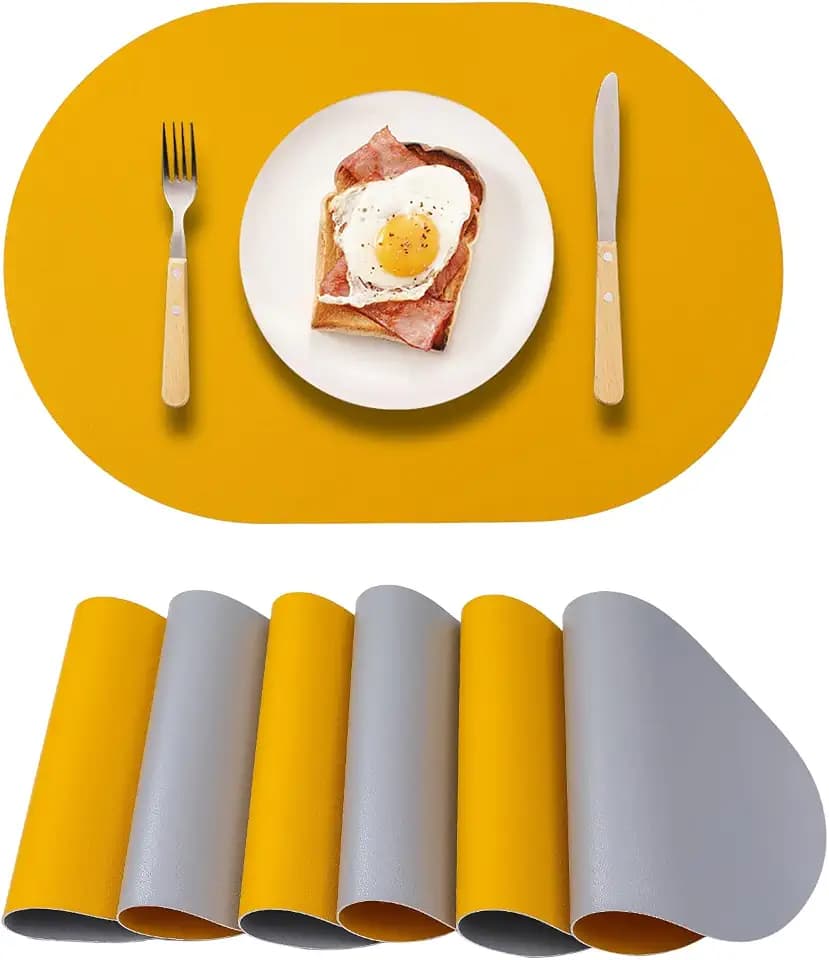 Oval Placemats Set of 6 Reversible,Silver Yellow Faux Leather