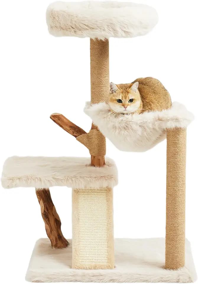Letkind 38" Modern Cat Tree Tower for Large Indoor Cats, Perches-Natural Solid Wood Cat Tower with Sisal Scratching Post, Perches, Basket & Scratching Post, Aesthetic Boho Cat Furniture