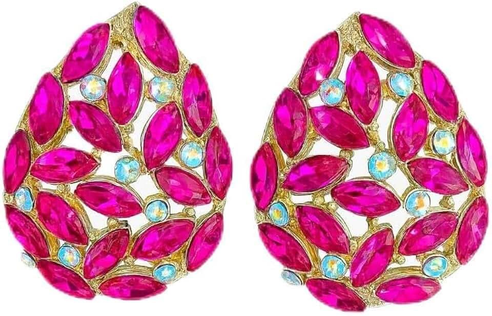Gold Plated Teardrop Clip On Earrings for Women – Shiny Rhinestone Chunky Cubic Zirconia Dangle Drop Earrings, Hypoallergenic Non-Pierced Jewelry for Wedding, Party, Prom, Gifts