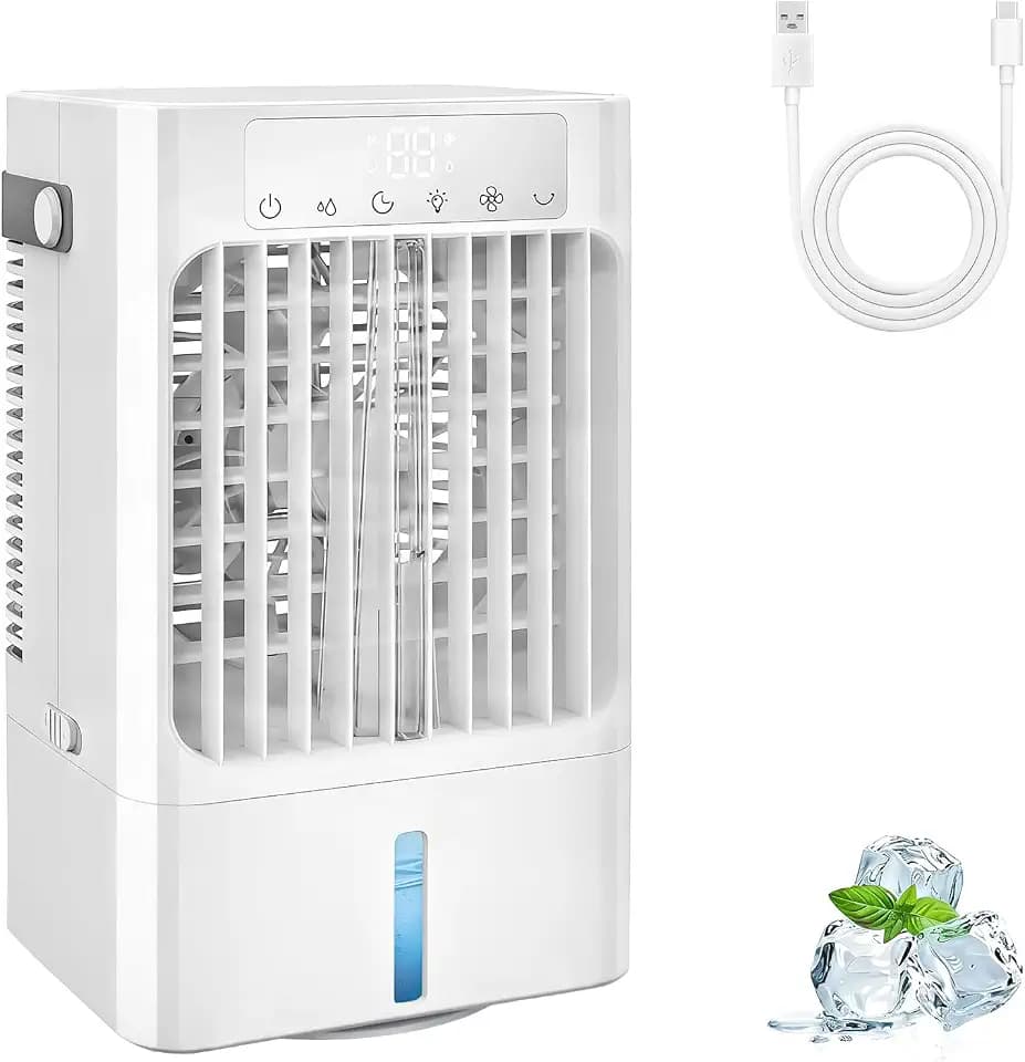 Mobile Klimaanlage Klein, Leise Luftkühler mit Wasserkühlung,3 in 1 Tischventilator für zuhause und büro,Tragbare Air cooler fan mit 900ML wassertank, Klimagerät AC-1-8H Timer