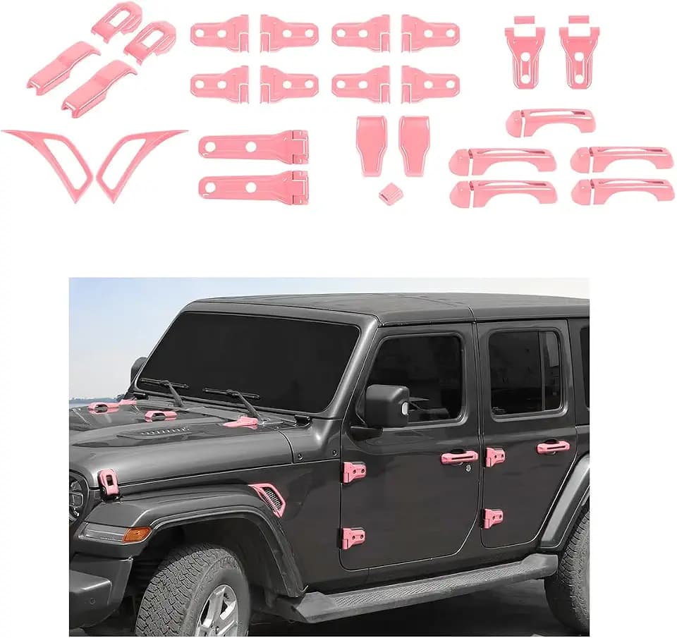 JWWY Complete Exterior Cover Trim Kit for 2018–2026 Jeep Wrangler JL JLU, Full Coverage Door Handle Hood Hinge Hood Latch Side Air Vent Rear Tailgate Window Hinge Covers, 43PCS Pink