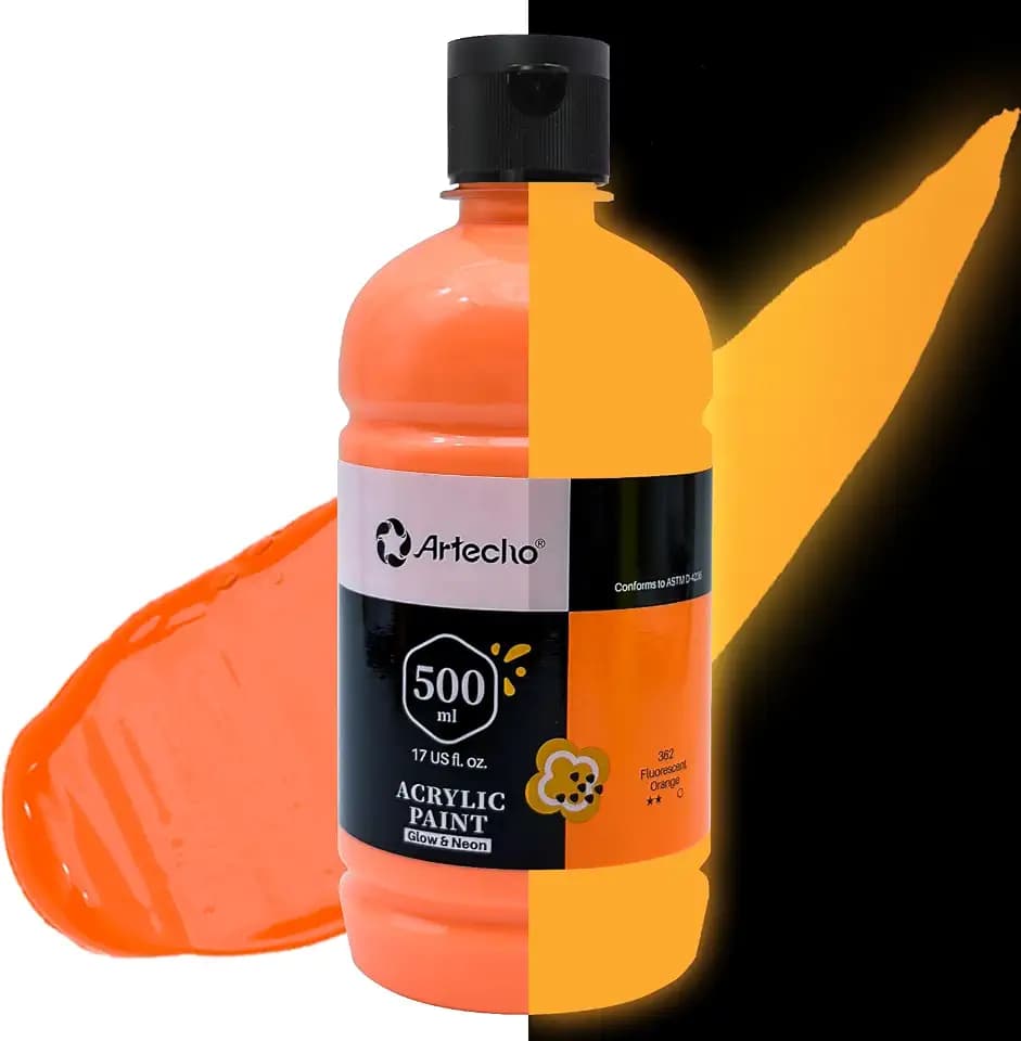 Artecho Orange Nachleuchtende Acrylfarbe Große Flasche 500ml / 17oz, Bastelfarbe für Kürbis, Leinwand, Steine, Holz, Stoff, Keramik, Ungiftig