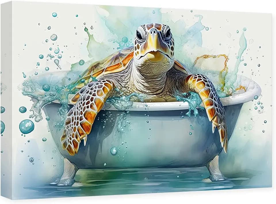CCWACPP Sea Turtle Bathroom Wall Decor Sea Creature Canvas Wall Art Funny Turtle in Bathtub Picture Ocean Theme Painting Decor Frame (Sea Turtle - 2, 12.00" x 18.00")