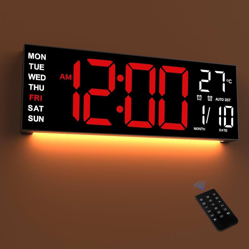16,5" Große LED Digital Wanduhr mit Nachtlicht, Automatischer Dimmfunktion, 2 Weckern, 8 RGB-Farben, Temperaturanzeige, Fernbedienung, 12/24 Std., Timer für Wohnzimmer, Schlafzimmer, Büro
