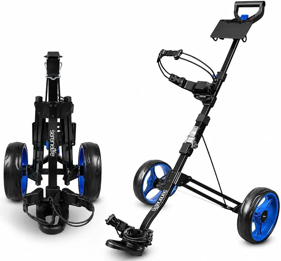 SereneLife Foldable 2-Wheel Golf Push Cart, Lightweight Aluminum Pull Trolley with Upper & Lower Brackets, Elastic Strap, Adjustable Padded Handle, Quick Brake for Golf Course, 33 Lbs Capacity