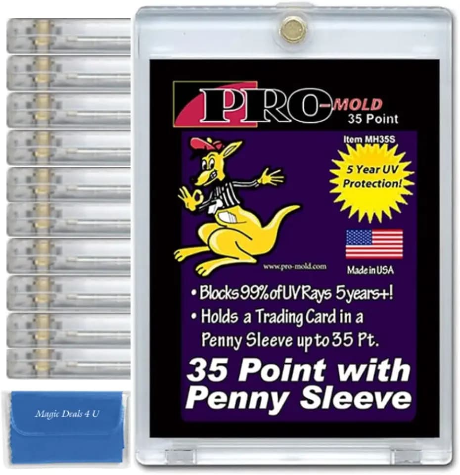 10-Count Pro-Mold 35pt. Magnetic One-Touch Card Holders Holds Sleeved Card USA Made with Cleaning Cloth, Gold