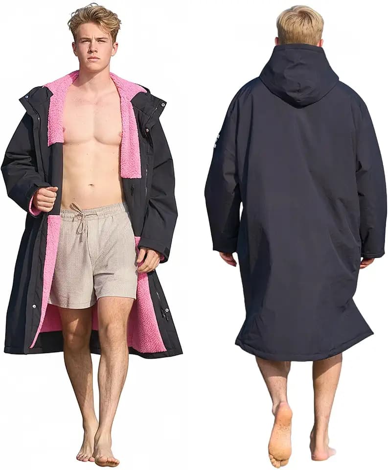 Owntop Waterproof Swim Parka for Kids Youths and Adults - Unisex Hooded Surf Poncho, Oversized High-Low Hem Windproof Changing Robe, Sherpa Winter Warm Beach Towel Jacket with Pockets